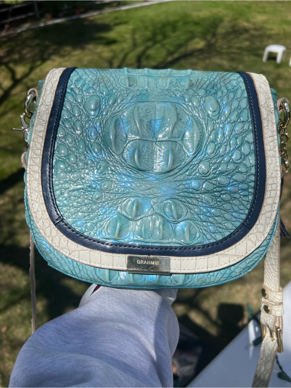 Brahmin Mini Sonny Turquoise Croc-Embossed Crossbody with White and Navy Trim - Picture 3 of 9